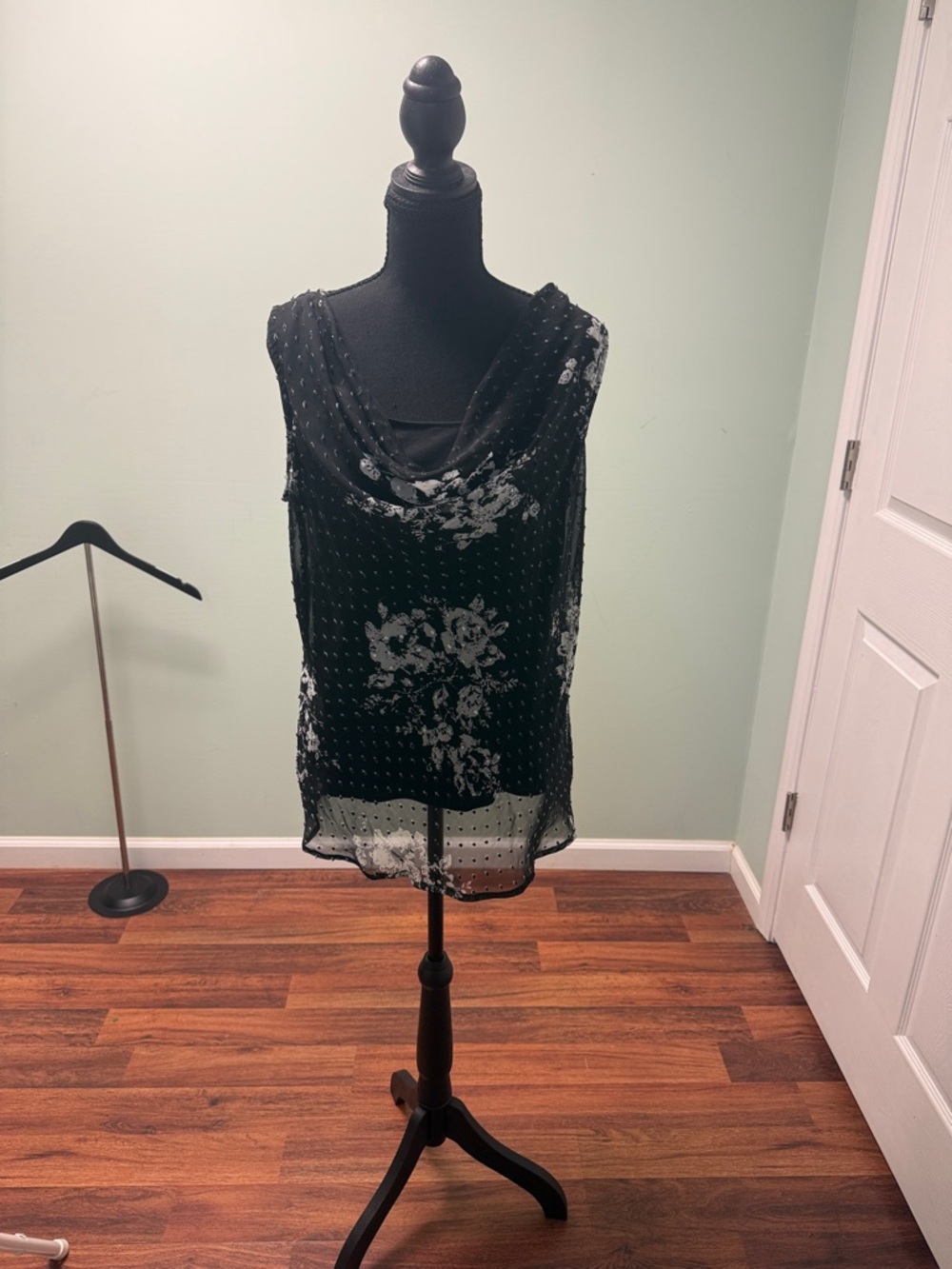 Covington Black Sheer Floral Cowl Neck Tank